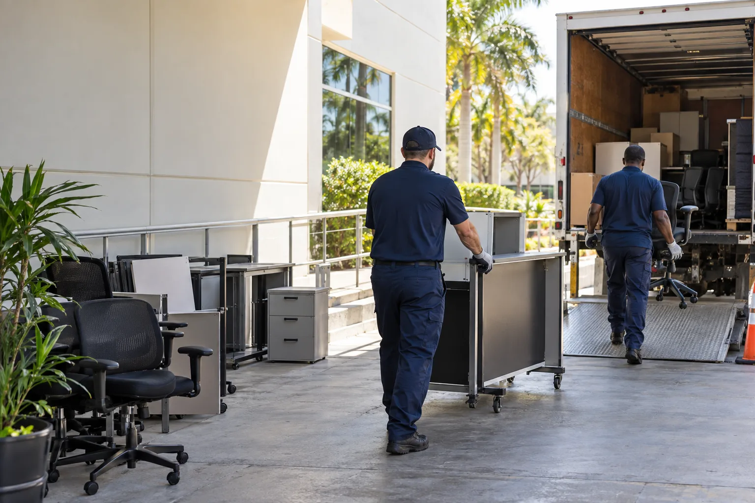 Commercial cleanout crew moving office furniture toward a box truck at a Tampa-area loading zone