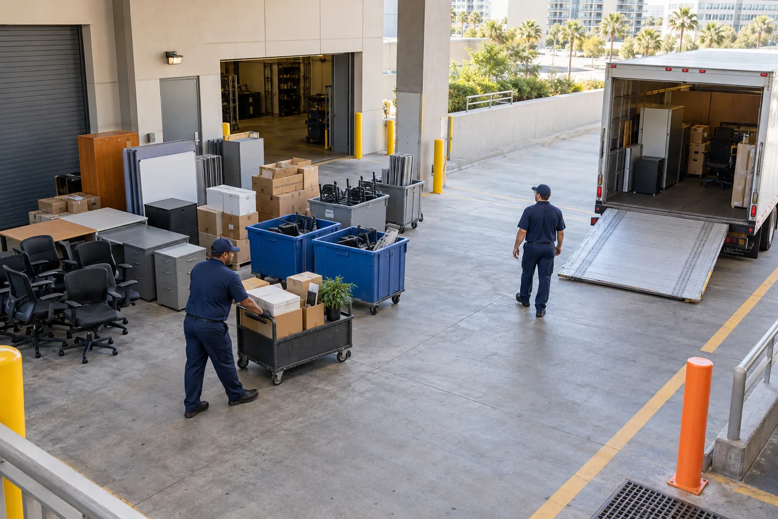 Commercial furniture and boxed contents organized in a loading-zone staging area