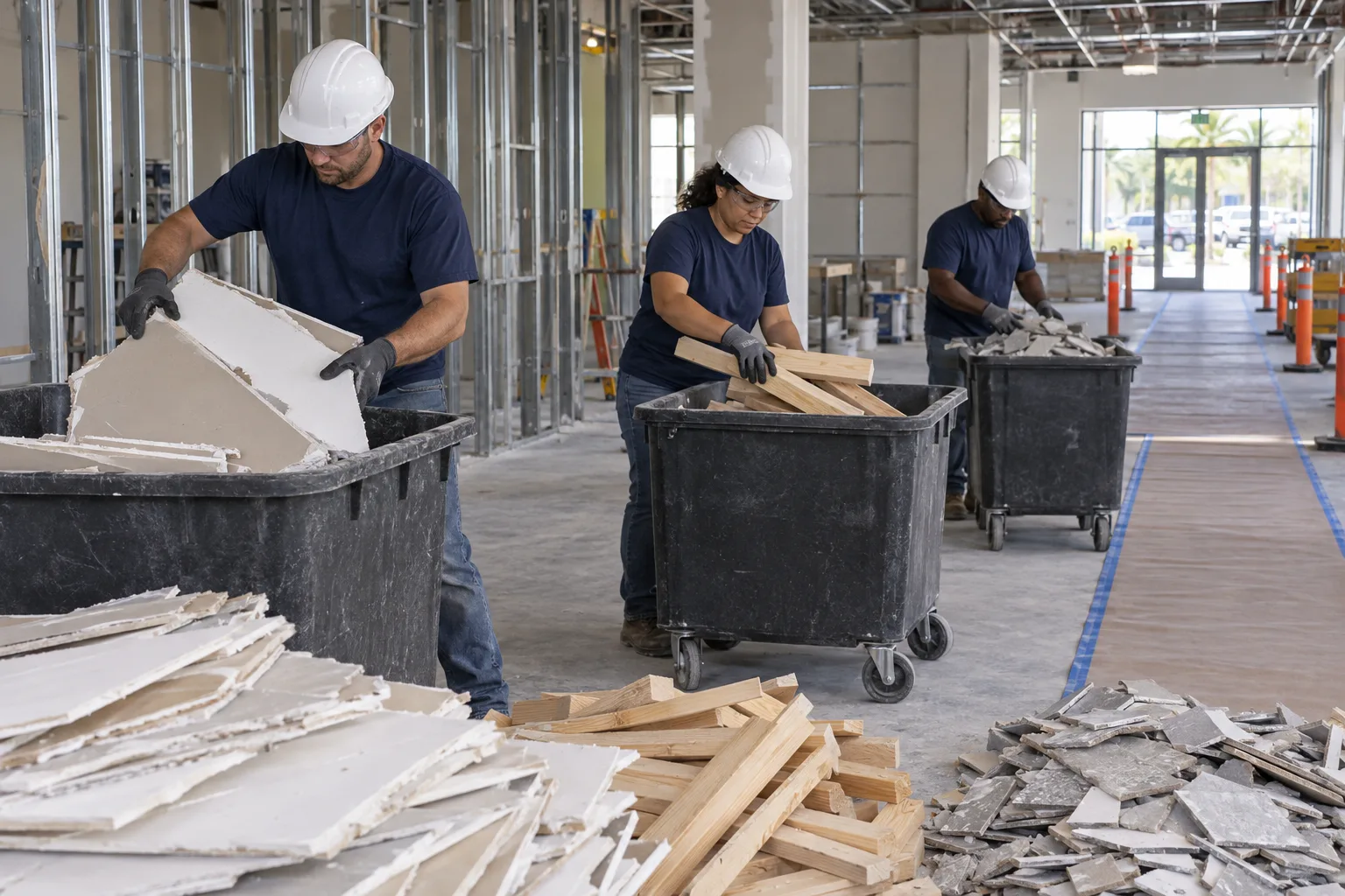Sorted non-hazardous renovation debris at a commercial site