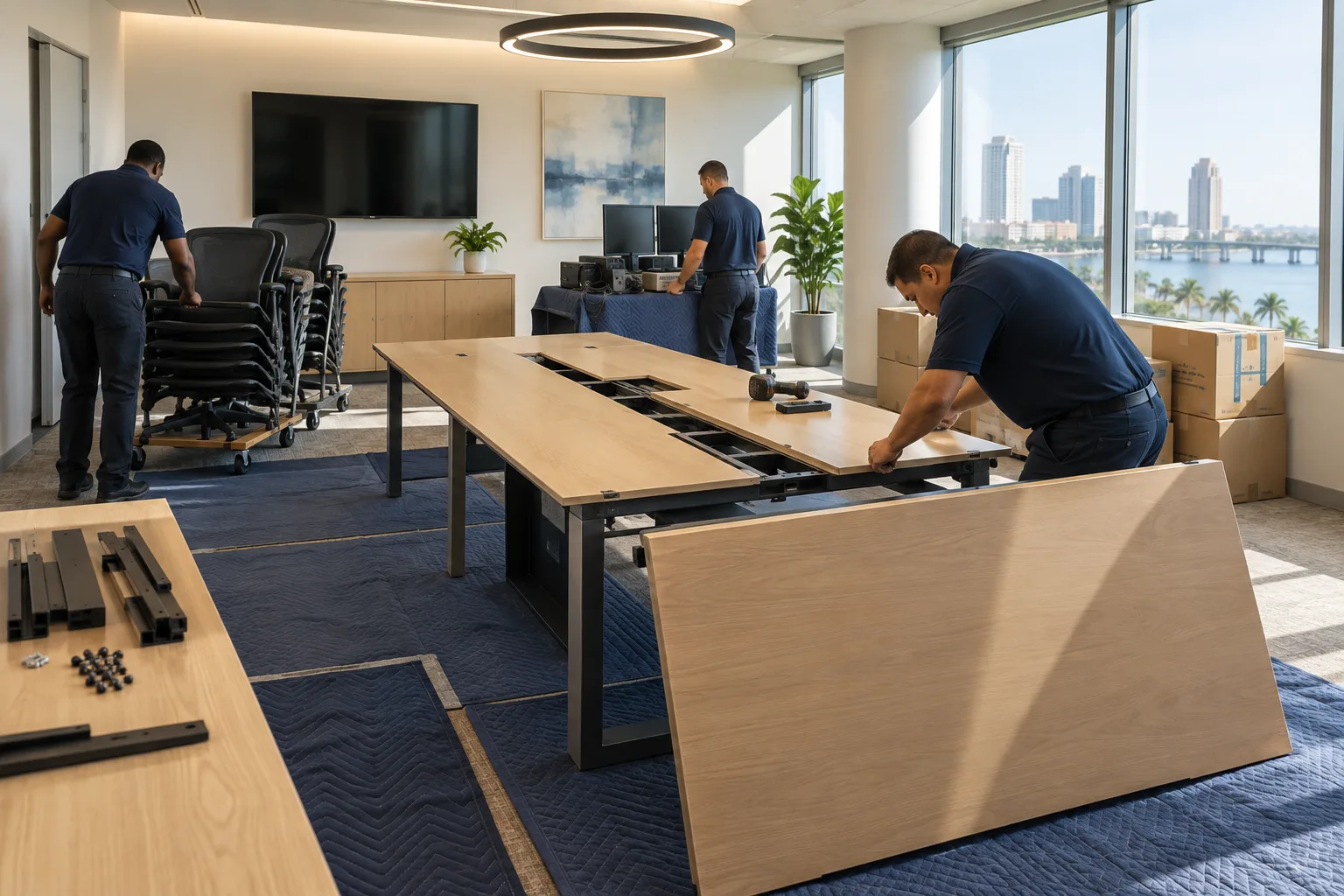Office cleanout with protected floors and a clear work path