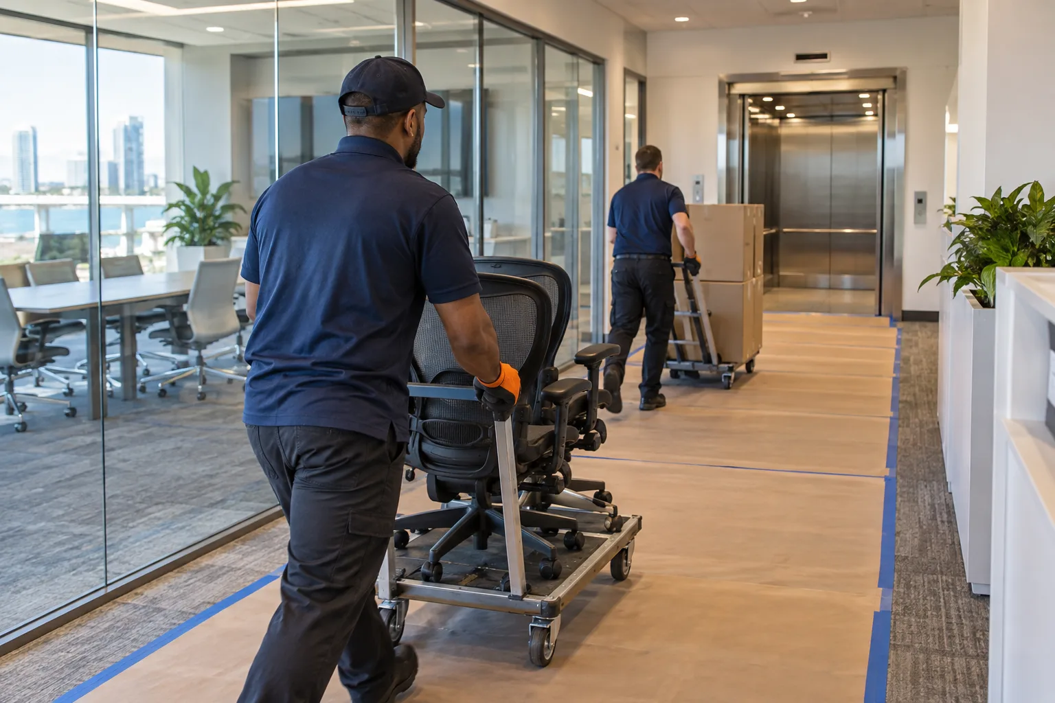 Commercial cleanout crew moving office chairs along a protected corridor