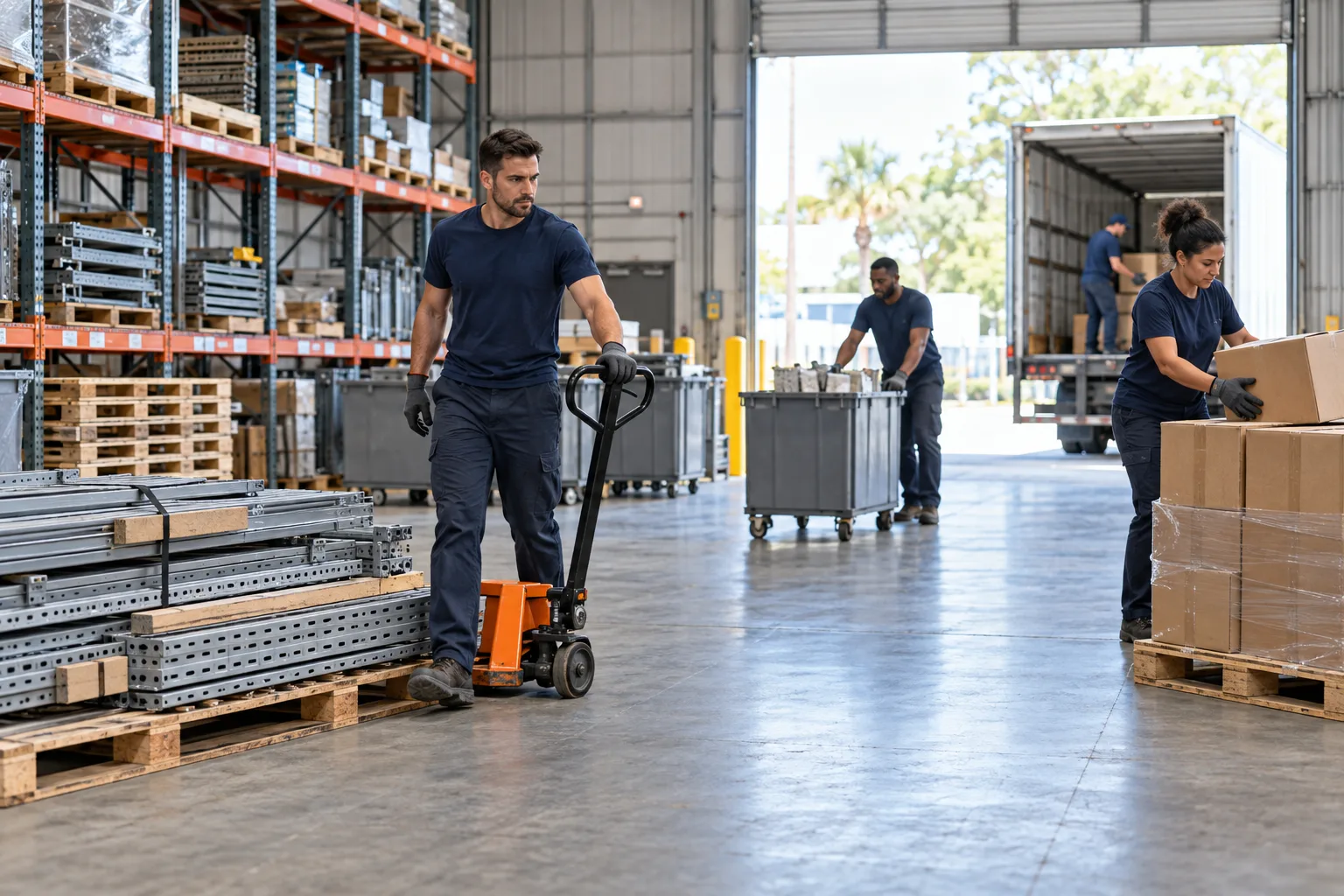 Commercial cleanout crew working in a warehouse loading area