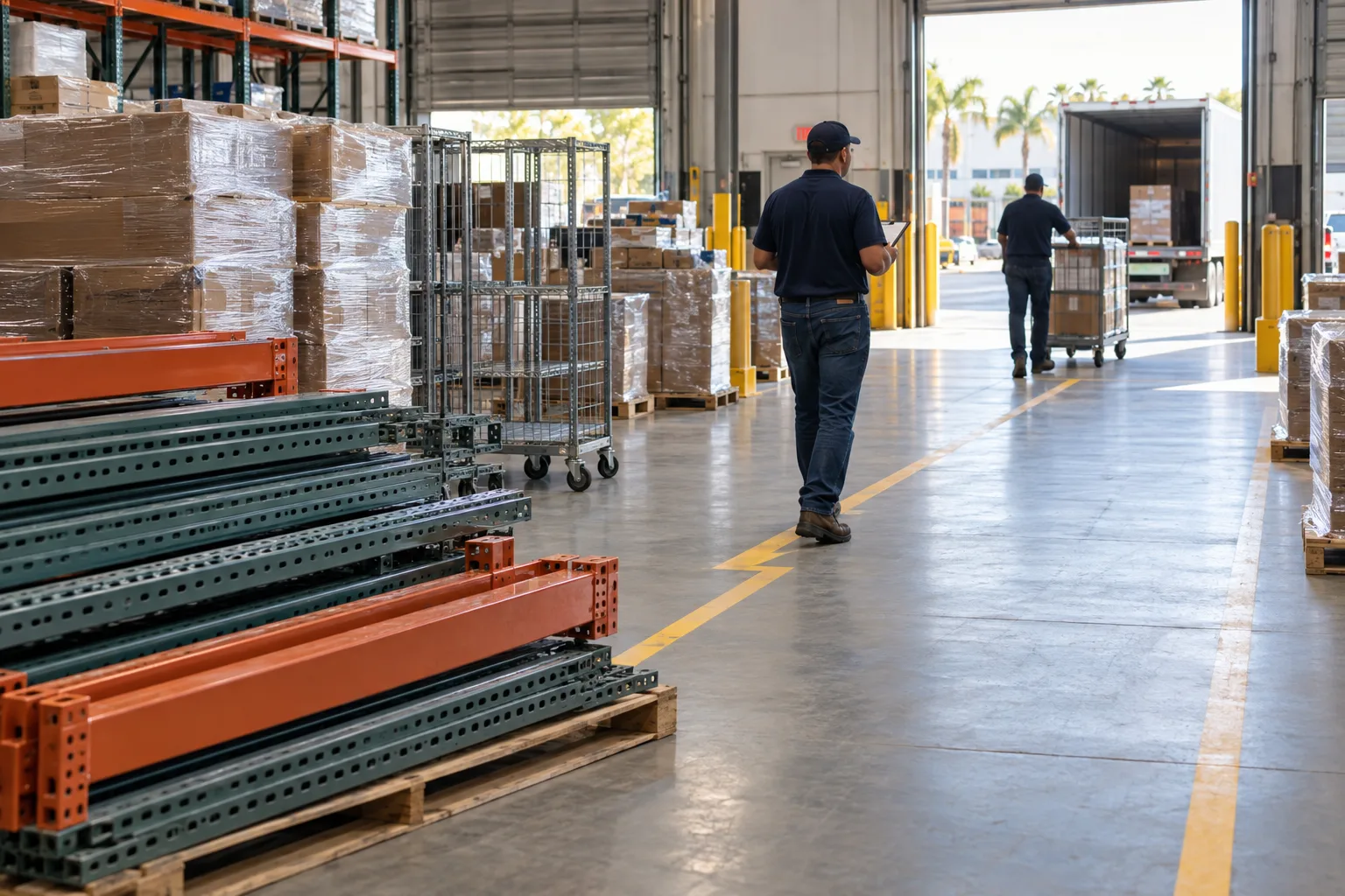 Warehouse cleanout staging with a clear marked loading route